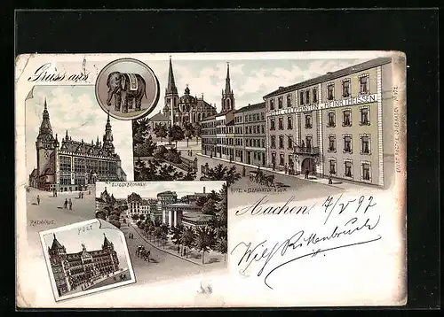 Lithographie Aachen, Hotel zum Elephanten und Dom, Elisenbrunnen, Post