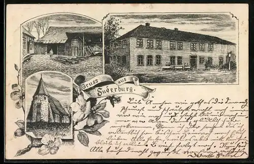 Lithographie Suderburg, Meyers Hotel, Mühle, Kirche