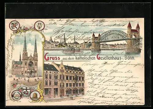 Lithographie Bonn, Katholisches Gesellenhaus, Stiftskirche