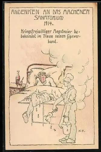 AK Aachen, Andenken an das Sanatorium 1914, Verwundeter bekommt einen Gipsverband