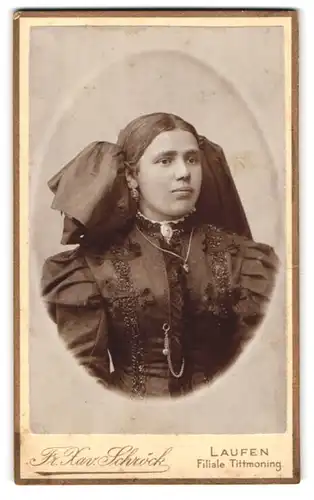 Fotografie F. X. Schröck, Laufen a. d. Salzbach, Bezirksamtsgasse, Junge Dame im bestickten Kleid mit Kragenbrosche