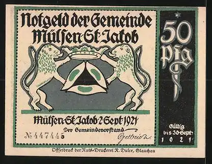 Notgeld Mülsen-St. Jakob 1921, 50 Pfennig, Er lässt die Klage-Klage sein...