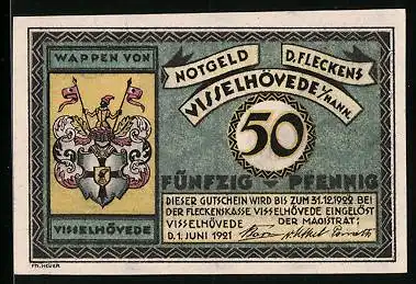 Notgeld Visselhövede i. Hann. 1921, 50 Pfennig, Wappen, Kirche mit Glockenturm aus dem 11. Jahrhundert