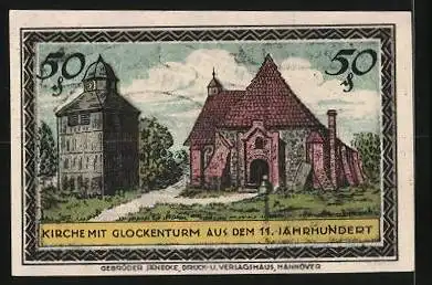 Notgeld Visselhövede i. Hann. 1921, 50 Pfennig, Wappen, Kirche mit Glockenturm aus dem 11. Jahrhundert