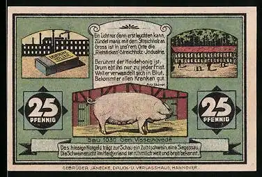 Notgeld Visselhövede 1921, 25 Pfennig, Sau, Streichholzschachtel, Vissel-Quelle