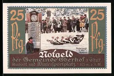Notgeld Oberhof i. Thür. 1921, 25 Pfennig, Bobsleigh in der Kuve