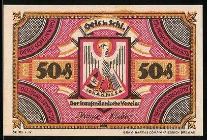 Notgeld Oels in Schl., 50 Pfennig, Wappen St. Johannes, Storchennest