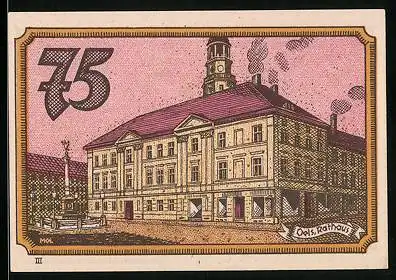 Notgeld Oels in Schl., 75 Pfennig, Rathaus mit Denkmal