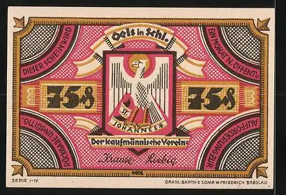 Notgeld Oels in Schl., 75 Pfennig, Rathaus mit Denkmal