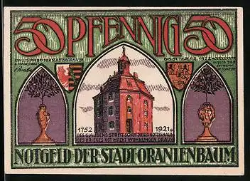 Notgeld Oranienbaum 1922, 50 Pfennig, Kirche, Fürst Leopold von Anhalt