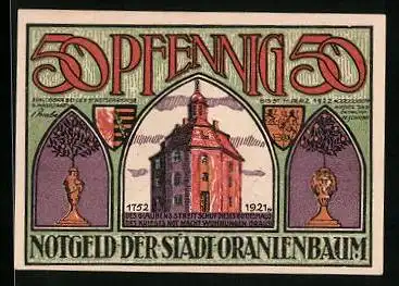 Notgeld Oranienbaum 1922, 50 Pfennig, Kirche, Fürstin Henriette Katharina geb. Prinzessin von Oranien