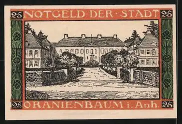 Notgeld Oranienbaum i. Anh. 1922, 25 Pfennig, Blick auf ein Gebäude