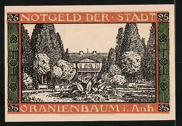 Notgeld Oranienbaum i. Anh. 1922, 25 Pfennig, Blick auf ein Gebäude