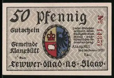 Notgeld Klanxbüll 1920, 50 Pfennig, Stadtwappen, Mann mit Fahne