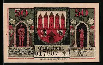 Notgeld Zerbst i. Anhalt 1921, 50 Pfennig, Stadtwappen, Altes Rathaus, Neues Haus