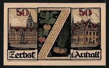 Notgeld Zerbst i. Anhalt 1921, 50 Pfennig, Stadtwappen, Altes Rathaus, Neues Haus
