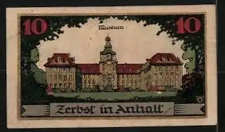 Notgeld Zerbst in Anhalt 1921, 10 Pfennig, Stadtwappen, Museum