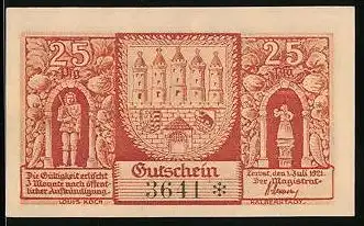 Notgeld Zerbst in Anhalt 1921, 25 Pfennig, Stadtwappen, Ortspartie, Gasthaus Rats-Brauerei