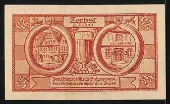 Notgeld Zerbst in Anhalt 1921, 25 Pfennig, Stadtwappen, Ortspartie, Gasthaus Rats-Brauerei