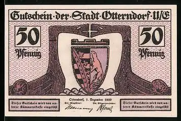 Notgeld Otterndorf u.-E. 1920, 50 Pfennig, Stadtwappen, Innenhafen