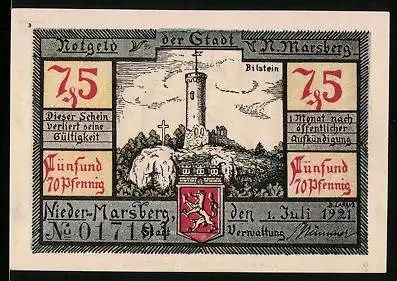 Notgeld Nieder-Marsberg 1921, 75 Pfennig, Schloss Bilstein, Beichtszene, Wappen