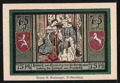 Notgeld Nieder-Marsberg 1921, 75 Pfennig, Schloss Bilstein, Beichtszene, Wappen