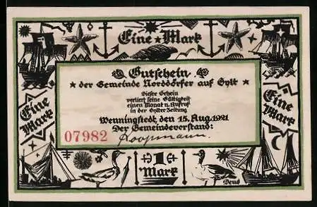 Notgeld Norddörfer /Sylt 1921, 1 Mark, Schiffe, Strandansicht