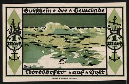 Notgeld Norddörfer /Sylt 1921, 1 Mark, Schiffe, Strandansicht