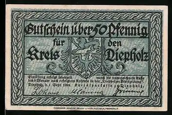 Notgeld Diepholz 1920, 50 Pfennig, Schloss zu Diepholz, Wappen
