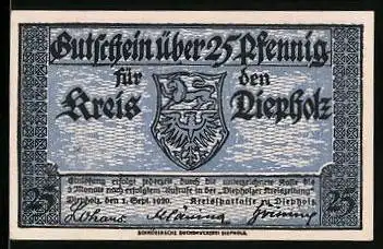 Notgeld Diepholz 1920, 25 Pfennig, Wappen, Bauernhaus