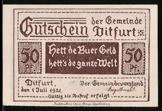 Notgeld Ditfurt 1921, 50 Pfennig, Ortsansicht