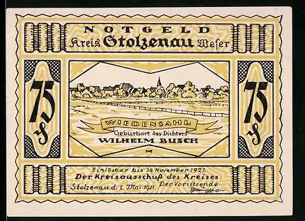 Notgeld Stolzenau /Weser 1921, 75 Pfennig, Ortsansicht Wiedensahl