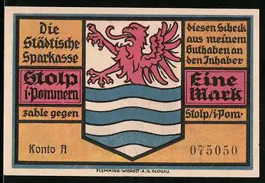 Notgeld Stolp i. Pommern, 1 Mark, Mühlentor, Wappen
