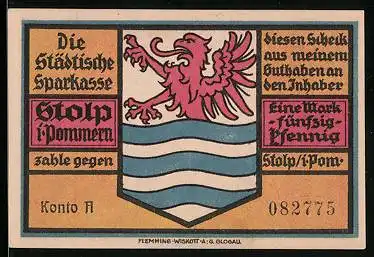 Notgeld Stolp i. Pommern, 1 Mark 50 Pfennig, Heinrich von Stefan, Wappen