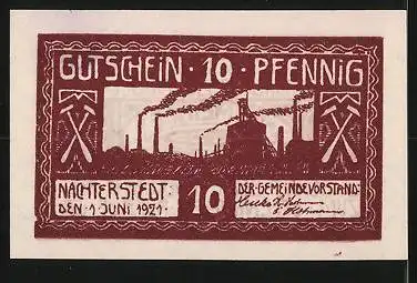 Notgeld Nachterstedt 1921, 10 Pfennig, Fabrikanlagen