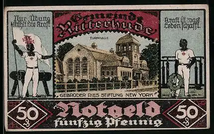 Notgeld Ritterhude 1921, 50 Pfennig, Turnhalle und Turner