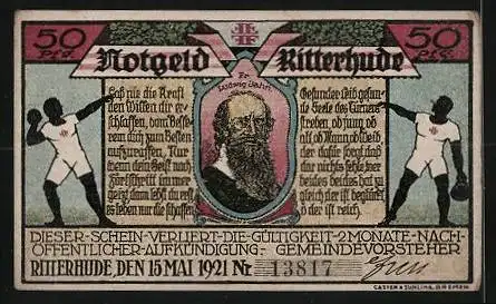 Notgeld Ritterhude 1921, 50 Pfennig, Turnhalle und Turner