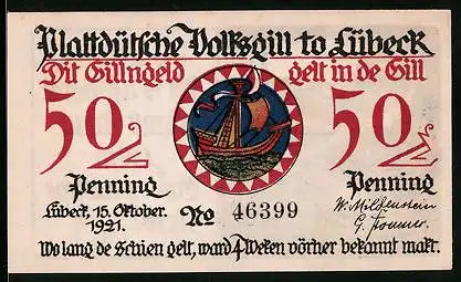 Notgeld Lübeck 1921, 50 Pfennig, Hanseschiff und Fischfru