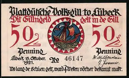 Notgeld Lübeck 1921, 50 Pfennig, Hanseschiff und Garnersfru