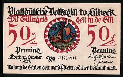 Notgeld Lübeck 1921, 50 Pfennig, Hanseschiff und Dräger