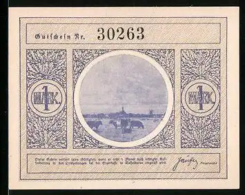 Notgeld Wesselburen in Dithmarschen, 1 Mark, Friedrich Hebbel, Ortsansicht
