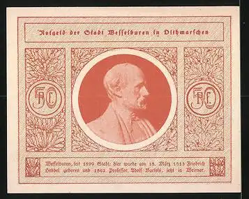 Notgeld Wesselburen in Dithmarschen, 50 Pfennig, Friedrich Hebbel, Ortsansicht