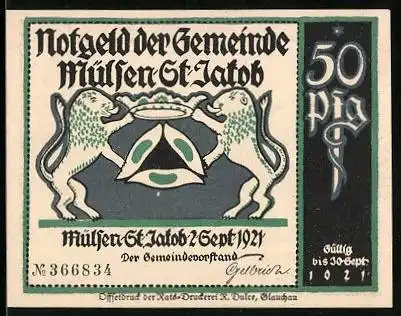 Notgeld Mülsen-St. Jacob 1921, 50 Pfennig, Gerichtsszene, Wappenbild