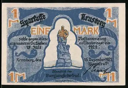 Notgeld Arnsberg 1922, 1 Mark, Statue Burgjungfer Gertrud, Ortsansicht