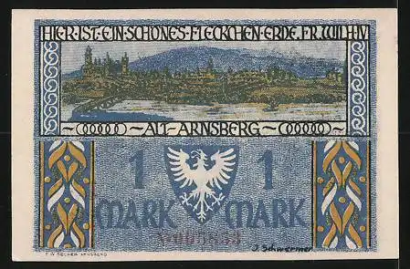 Notgeld Arnsberg 1922, 1 Mark, Statue Burgjungfer Gertrud, Ortsansicht