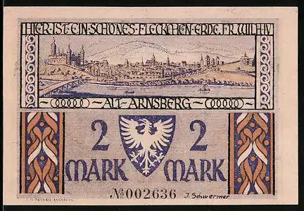 Notgeld Arnsberg 1921, 2 Mark, Ortsansicht, Oberfehmstuhl