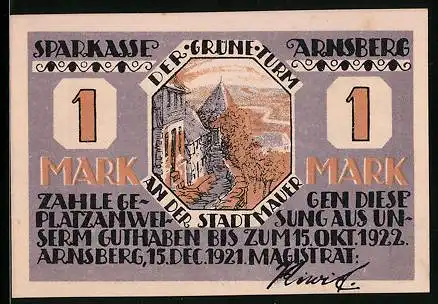 Notgeld Arnsberg 1921, 1 Mark, Ortsansicht, Grüner Turm