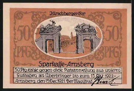 Notgeld Arnsberg 1922, 50 Pfennig, Ortsansicht, Hirschberger Tor