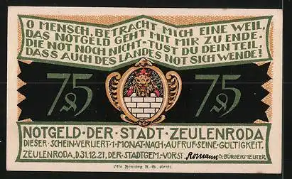 Notgeld Zeulenroda 1921, 75 Pfennig, Stadt in Flammen, Wappen