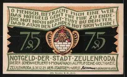 Notgeld Zeulenroda 1921, 75 Pfennig, Wassernot, Wappen